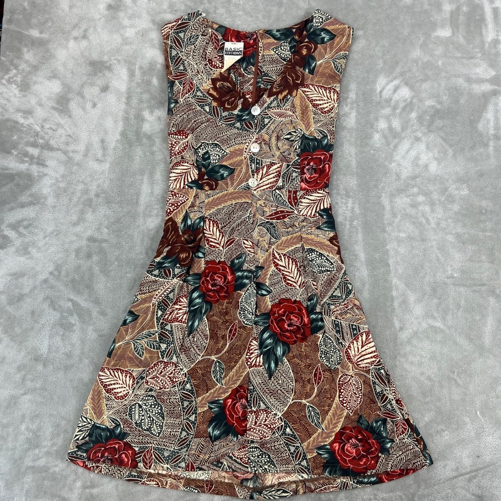 Basic Editions Vintage Floral Batik Rayon Sleeveless Dress Red Brown Size M